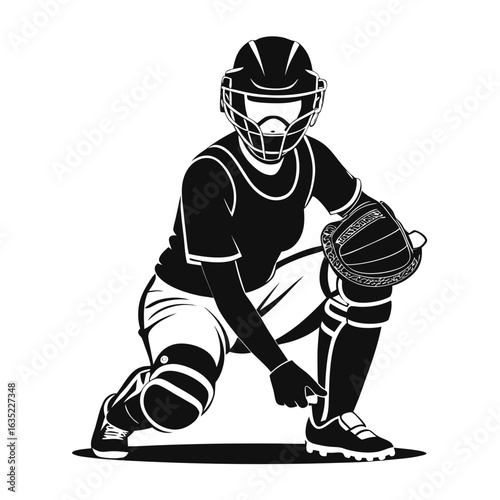 Silhouette of a baseball catcher in full gear ready to play