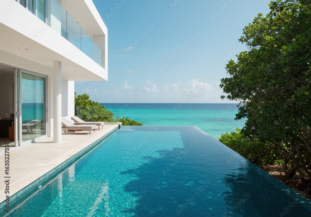 Fototapeta premium Modern villa with infinity pool overlooking the turquoise ocean