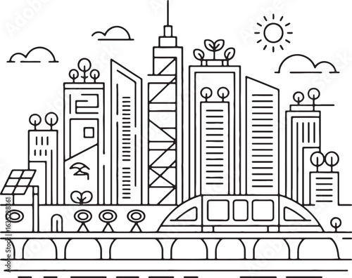 Linear illustration of a modern city with solar panels and elevated train skyline urban