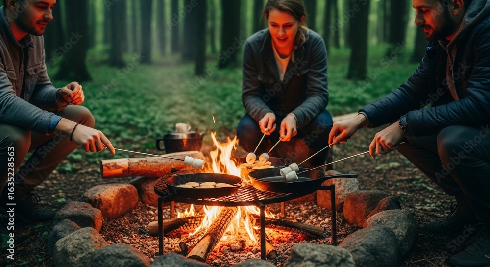 Fototapeta premium Friends Roasting Marshmallows Around Campfire in Forest