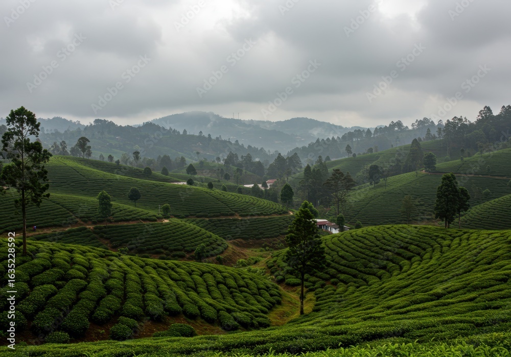 Fototapeta premium Rolling green hills of a tea plantation under a cloudy sky