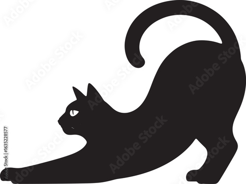 Silhouette Of A Black Cat Stretching On A White Background animal
