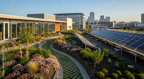 Rooftop garden with solar panels and urban skyline. A rooftop garden with solar panels provides a stunning view of an urban skyline