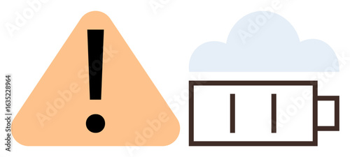 Exclamation mark inside triangle next to low battery icon with cloud accent. Ideal for energy management, device maintenance, connectivity issues, efficiency reporting, low resources, system alerts