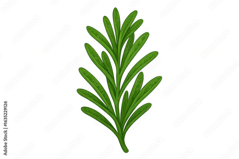 Fototapeta premium Rosemary botanical illustration featuring needle-shaped green leaves, delicate herb branch rendering against transparent backdrop, precise botanical drawing