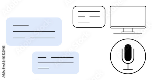 Speech bubble dialogue, voice recording microphone icon, and computer monitor. Ideal for communication, podcasting, transcription, technology, broadcasting, workflows simple landing page