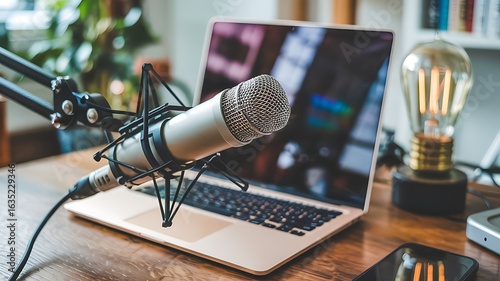 Professional condenser microphone set up for podcasting or recording audio with a laptop and vintage edison bulb in a home studio