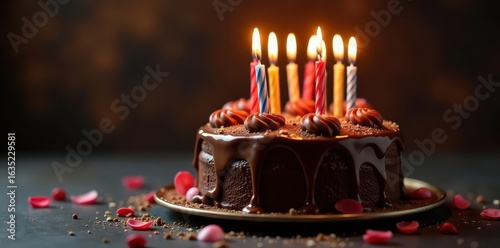 A decadent chocolate birthday cake, lit candles ablaze , dessert, baked goods