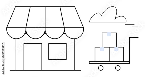 Small retail building with awning and delivery cart loaded with boxes. Ideal for retail, online shopping, logistics, business, delivery, e-commerce, local stores. Represents a simple flat metaphor