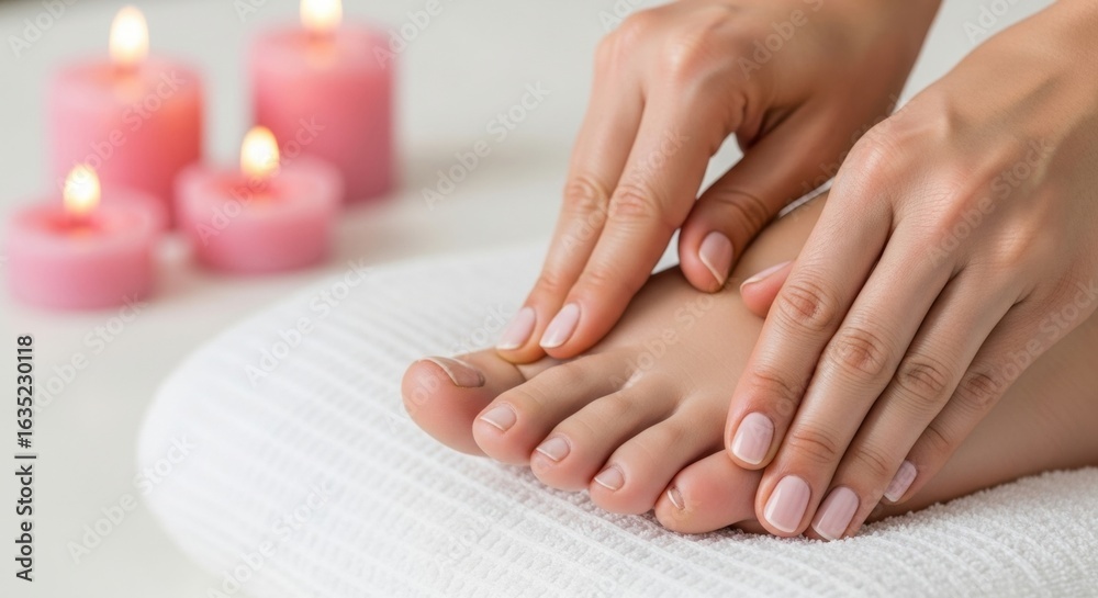 Naklejka premium Foot Massage with Pink Candles: Relaxation and Wellness Treatment