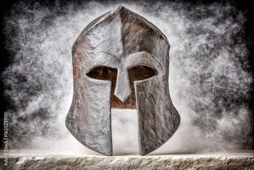 Ancient Spartan helmet, grey metal, smoke