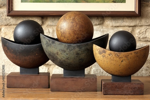Three abstract, spherical sculptures rest on curved, shallow bowls, atop wooden bases.  The spheres and bowls exhibit a mottled, earthy palette of browns and blacks