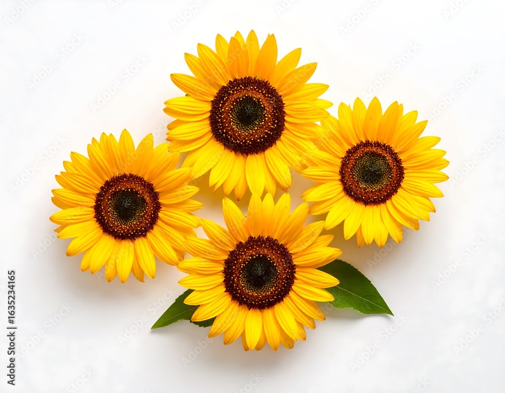 Obraz premium Four sunflowers arranged symmetrically on a white background