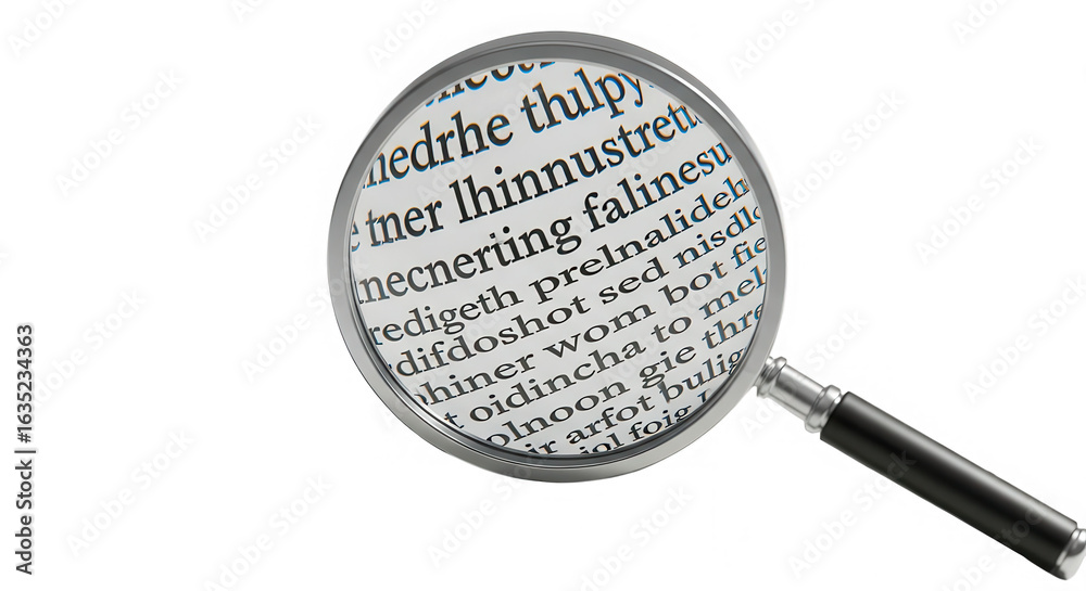 Magnifying glass focused on text revealing magnified words and phrases isolated on transparent background