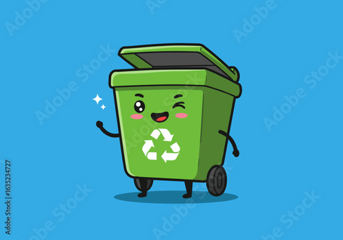 Smiling recycle bin cartoon, eco-friendly living, promoting recycling with joyful character.