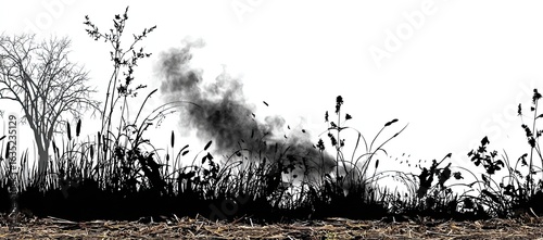 Silhouettes of tall grass and trees with smoke