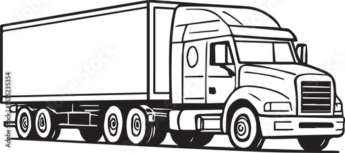 Monochrome Detailed Vector of Semi-Truck and Trailer in Black and White Line Art