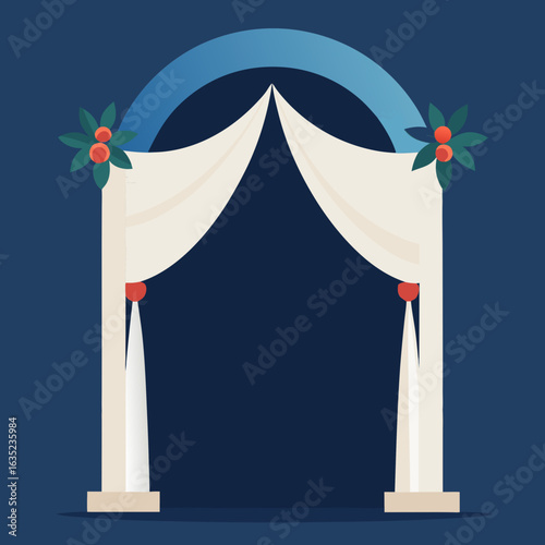 Elegant draped wedding arch with blue archway and floral accents on a dark blue background
