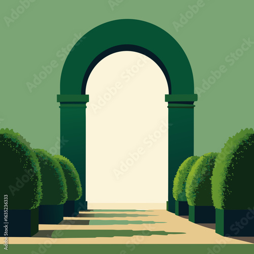 Geometric archway with topiary bushes in a serene garden setting