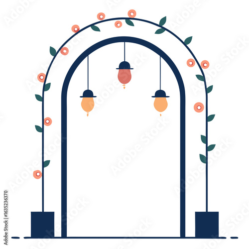 Decorative garden archway with hanging lights and floral accents illuminated against a dark background