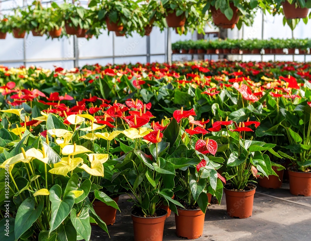 Fototapeta premium Greenhouse filled with colorful anthurium plants