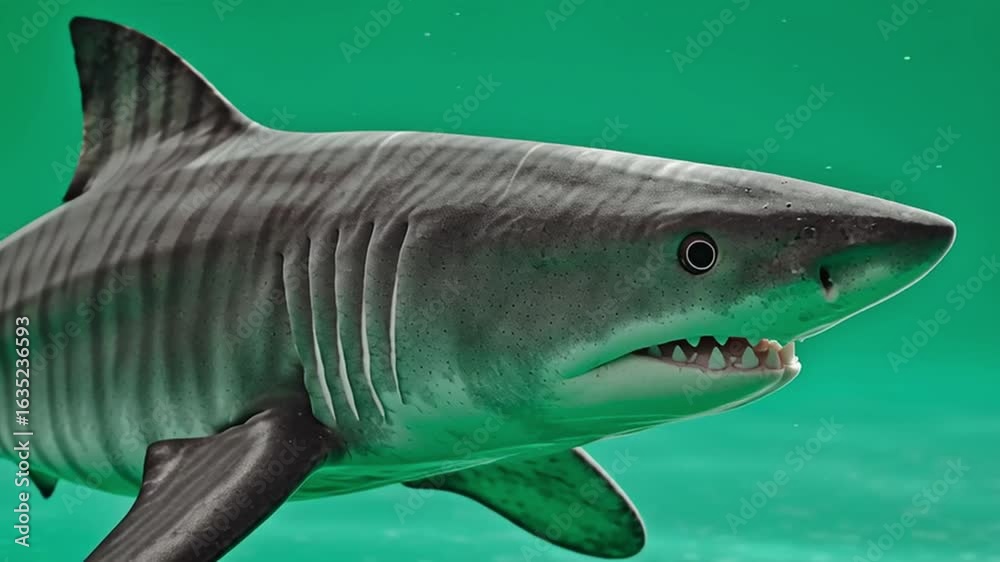 A great white shark swimming in front of a green screen looking towards the camera with its mouth closed green screen animal video
