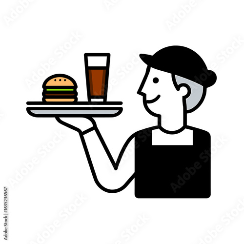 Waiter holding tray with burger and drink wearing cap and apron in a graphic illustration style