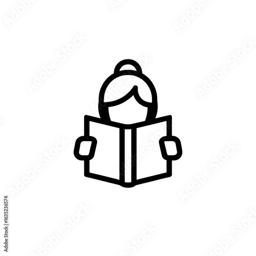 Iconic depiction of a person reading a book with a focused expression and a neat hairstyle icon