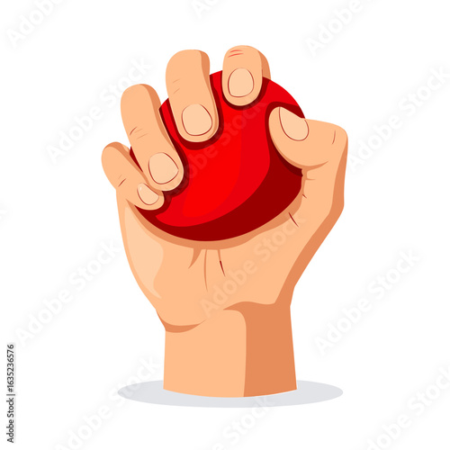 Hand gripping a round red object tightly with fingers and thumb in a firm hold gesture pose