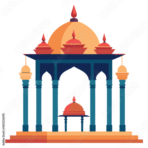 Ornate indian pavilion with domes and arches in warm orange and cool blue tones