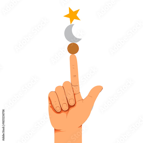 Hand balancing star moon and circle shapes on fingertip in an illustration style graphic image