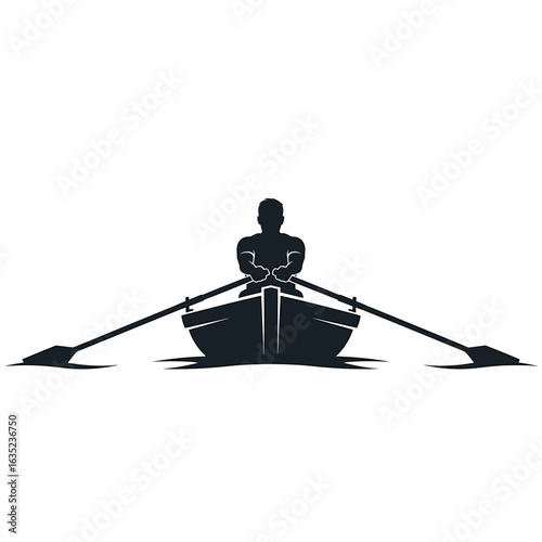 Silhouette of a rower in a boat with oars extended on a plain field of view in a vector illustration