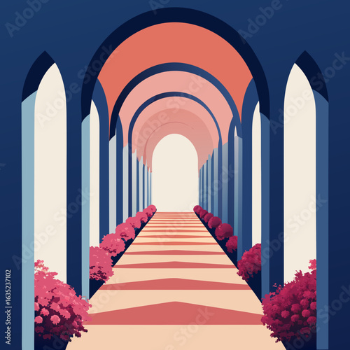 A symmetrical architectural walkway with arches and pink bushes leading to a bright light