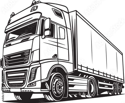Monochrome Detailed Vector of Semi-Truck and Trailer in Black and White Line Art