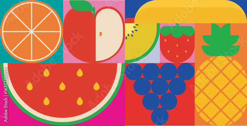 Geometric vibrant fruit background illustration. Flat simplified fruit vector. 