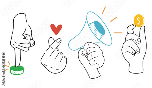 Hands interacting with objects for advertisement and education illustration vector