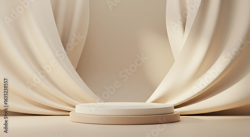 Minimalist product display podium in beige with elegant flowing drapes and soft lighting. An empty stage for presentation.