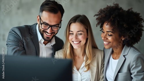 Three business colleagues smiling while looking at a computer screen in a modern office setting indoors