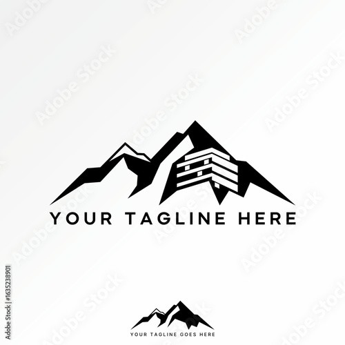 Logo design graphic concept creative premium vector stock image top sell mountain with building structure panoramic landmark tourism holiday highway