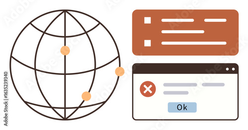 Globe with connection points, browser window with error, and a checklist. Ideal for technology, communication, troubleshooting, network issues, error handling software global concepts. A simple