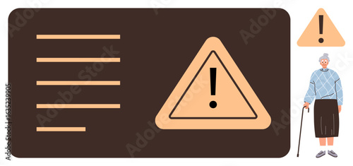 Elderly woman with walking cane beside warning triangle, bold text block. Ideal for senior care, safety, health, awareness, accessibility, caution responsibility. Simple flat metaphor