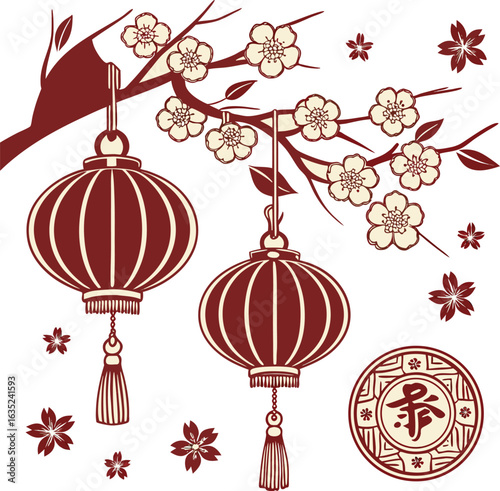 Hanging lanterns cherry blossoms traditional chinese art branch flower style vector illustration EPS file download