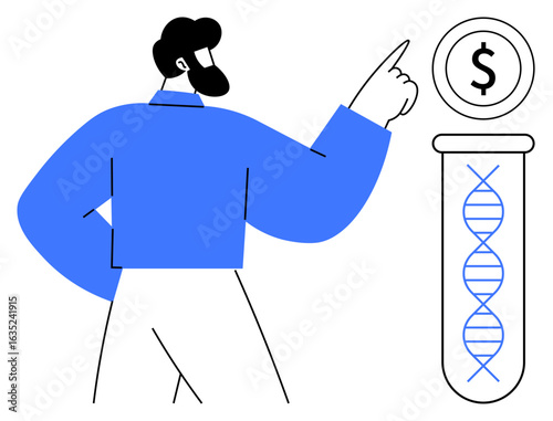 Man points to a dollar coin above a DNA-filled test tube, symbolizing biotechnology funding. Ideal for science, economy, innovation, biotech, business growth, health research, and financial goals