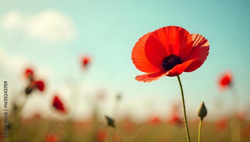 Obraz premium Vibrant poppy field under a blue sky, symbolizing honor and remembrance for veterans on Veterans Day