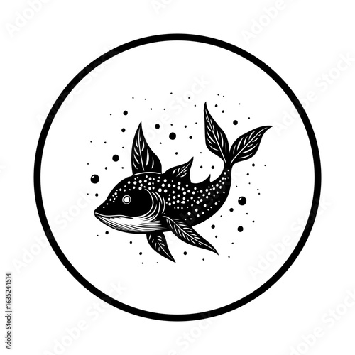 Elegant monochrome illustration showcasing a stylized fish swimming gracefully within a circular frame representing nature's wonders