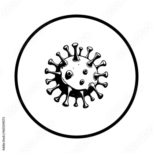 Illustration of coronavirus in black and white circle symbolizes pandemic health safety crisis and global disease