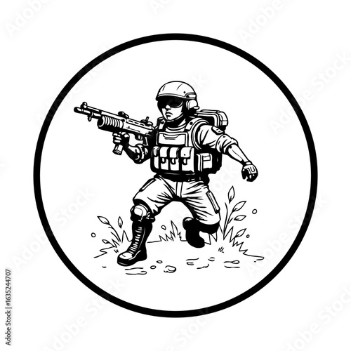 Illustration of a soldier in combat gear with a rifle in a circle vector representation depicting military action