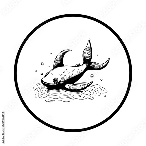 Whimsical hand drawn shark in a circle isolated on white backdrop captivating line art illustration evokes aquatic
