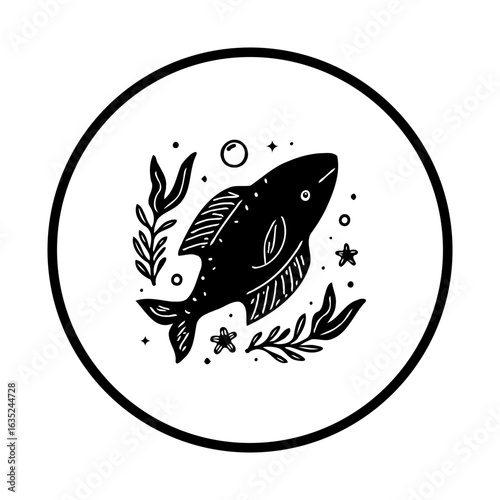 A minimalist black and white fish illustration surrounded by aquatic plants within a circle frame