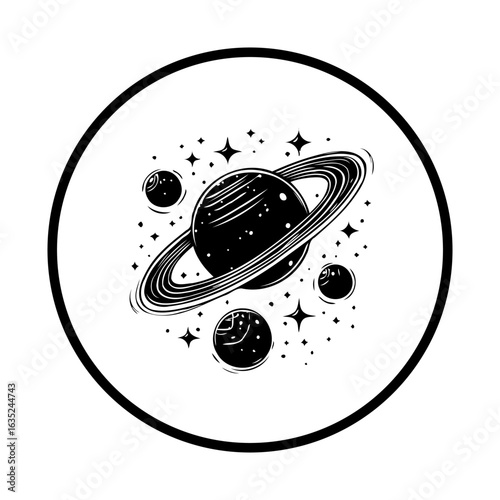 Mystical celestial scene: Saturn and cosmic companions dance amidst a constellation, a serene exploration of the universe's wonders